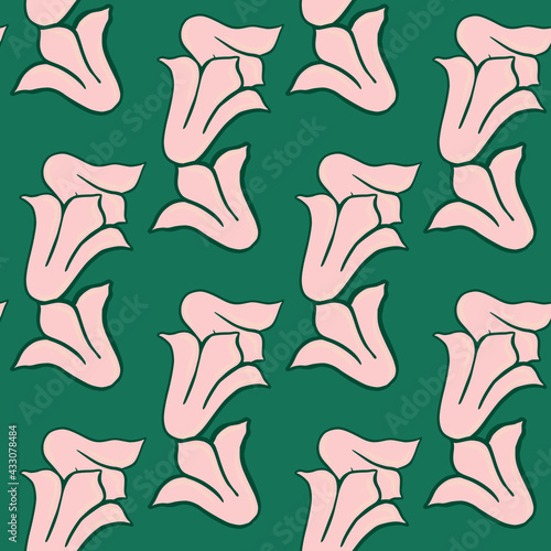 Abstract seamless pattern with outline pink campanula flowers shapes. Green background. Bright print.