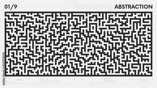 Abstract modern geometric banner with simple shapes in black and white colors, graphic composition design vector background, labyrinth game way with entry and exit, maze pattern