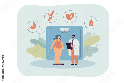 Overweight woman discovering health problems due to obesity. Flat vector illustration. Tiny fat woman weighing next to doctor identifying different diseases like diabetes. Healthcare, obesity concept