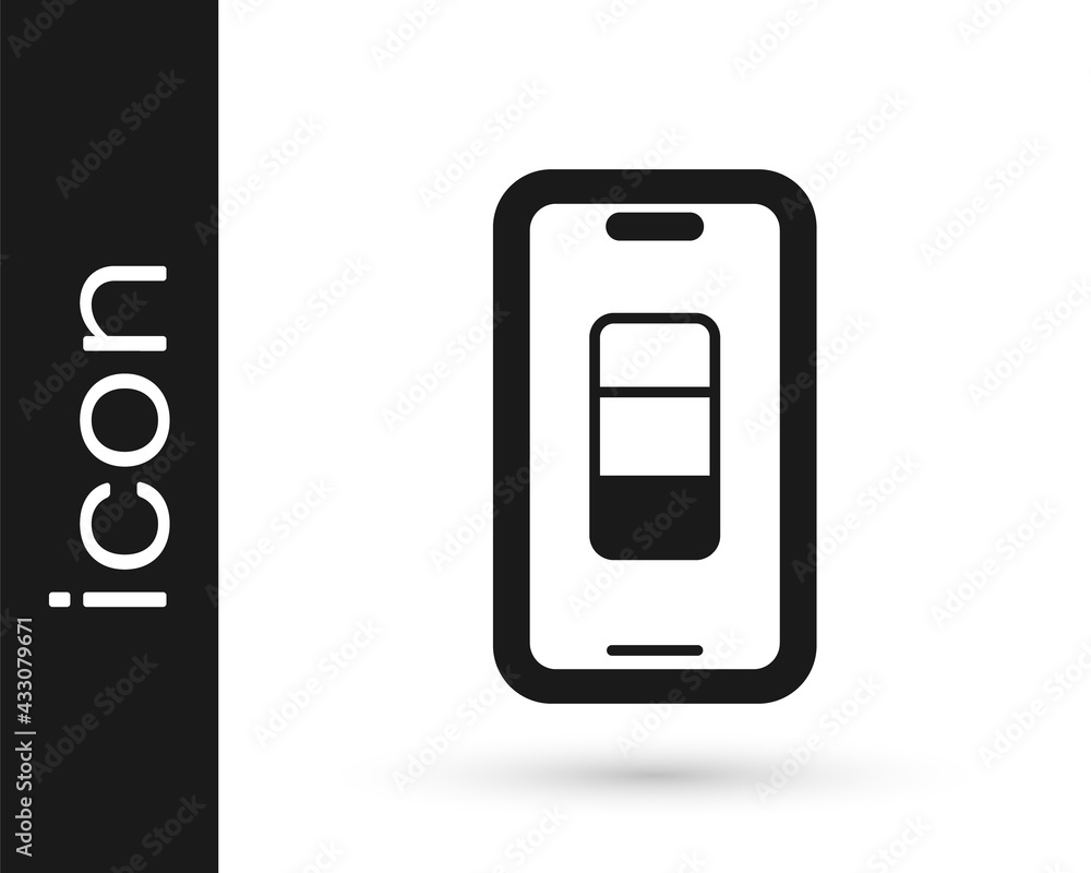 Black Smartphone battery charge icon isolated on white background. Phone with a low battery charge. Vector Black Smartphone battery charge icon isolated on white background. Phone with a low battery charge. Vector