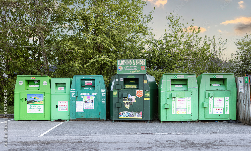 Clothing and Shoes Charity donation banks in the Sainsburys car park in  Wootton Bassett Stock Photo | Adobe Stock