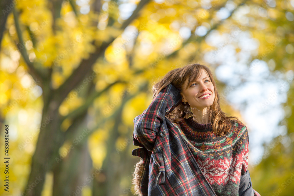 ortrait of beautiful woman wearing sweater in autumn yellow park ortrait of beautiful woman wearing sweater in autumn yellow park