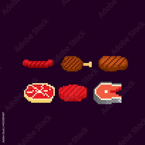 Fish, meat, chicken, beef, pork, steak, sausage. BBQ meat. Pixel icon. Pixel art. Old school computer graphic. 8 bit video game. Game assets 8-bit.