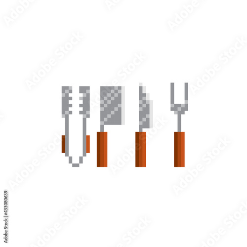 Knife, fork, tongs. Barbecue staff. Pixel icon. Pixel art. Old school computer graphic. 8 bit video game. Game assets 8-bit.