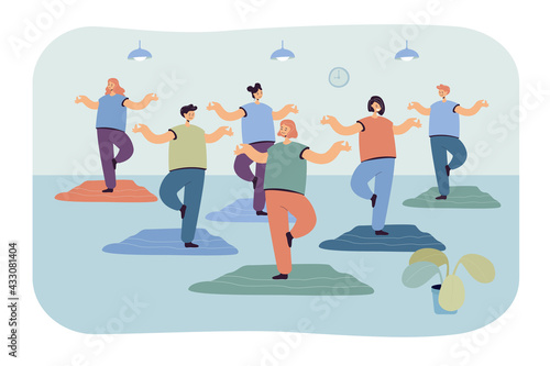 Group of cartoon women practicing yoga in gym. Flat vector illustration. Female characters exercising with teacher in gymnastics class. Physical activity, fitness, yoga, sport, health concept