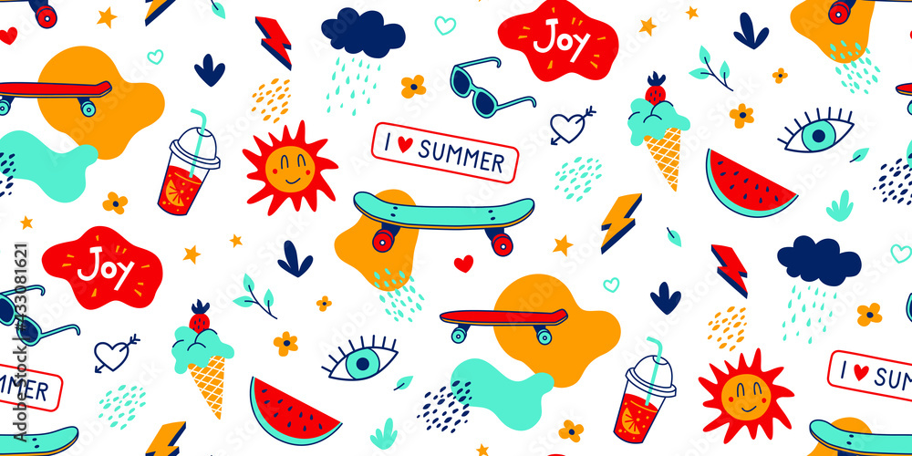 Kids cartoon seamless pattern with skateboards. Vector elements of summer activities, fun and sports.Texture for gift paper, wallpaper, fabric. Summer background for the website.