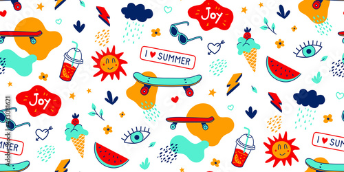 Kids cartoon seamless pattern with skateboards. Vector elements of summer activities, fun and sports.Texture for gift paper, wallpaper, fabric. Summer background for the website.