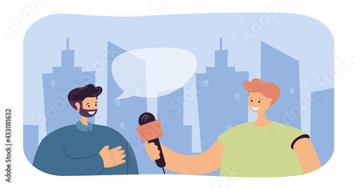 Reporter interviewing man on street. Journalist holding microphone, male character giving interview flat vector illustration. Communication, television concept for banner, website design