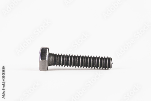 Photograph of a gray metal screw, a common piece in hardware stores anywhere in the world, used to fix any home or mechanical structure, isolated on a white background.Photograph of a metallic bearing