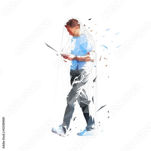 Man walking with cell phone and typing message, low polygonal isolated vector illustration. Geometric drawing from triangles, side view