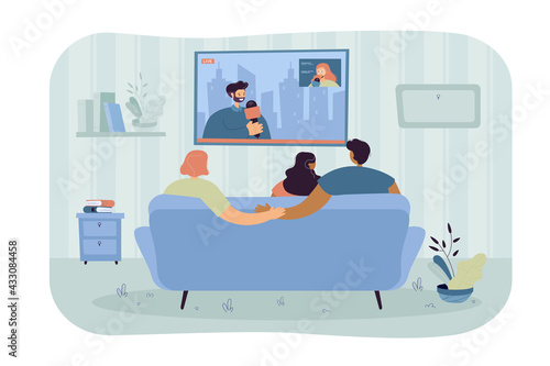 Boyfriend secretly cheating on girlfriend. Couple with friend watching news on sofa, man holding hands with other woman flat vector illustration. Betrayal, cheating concept for banner, website design