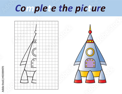 Complete the picture of a space rocket. Copy the picture. Coloring book. Educational game for children. Cartoon vector illustration.