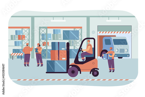 Cargo staff in warehouse interior. Flat vector illustration. Factory and logistic workers, loader in forklift, trucks, couriers in stockroom. Cargo, delivery and supply service, industry concept