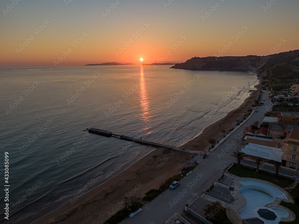 Arillas Sunset in Corfu aerial view