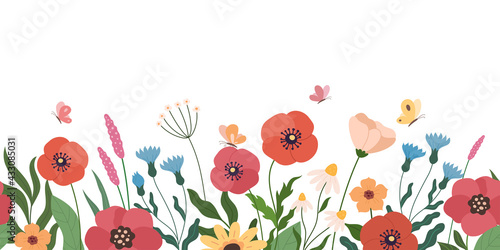 Floral horizontal background. Vector illustration of seamless floral pattern made by cartoon wild flowers. Isolated on white