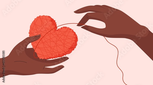 Concept Illustration for love, Psychology, positive emotions, mental health, support, hope, charity, assistance, dating, home help, nursing, care. Two African hands make a heart-shaped ball of yarn.
