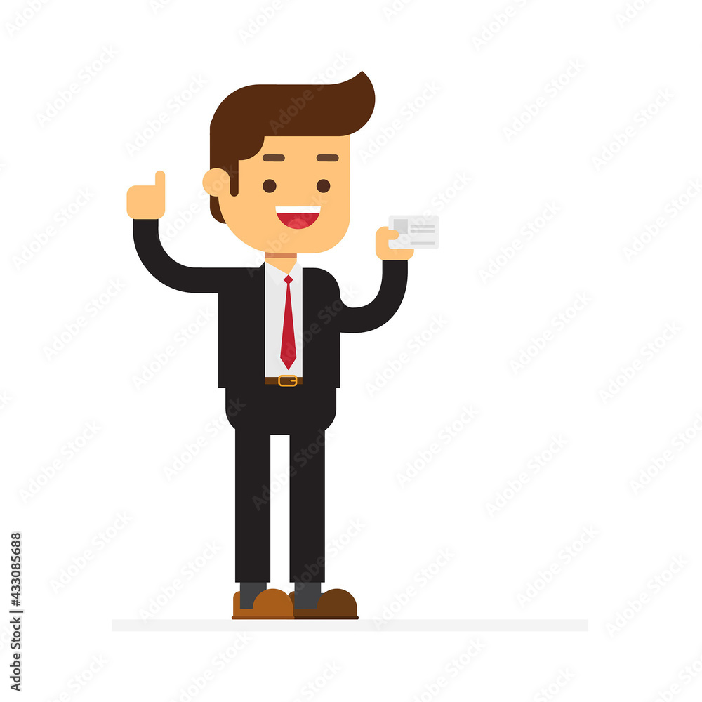 Standing business man showing business card Standing business man showing business card