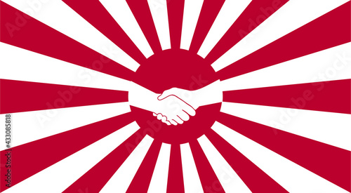 Handshake symbol with rising sun background. Japanese imperial navy flag isolated vector design. Abstract japanese flag for decoration design. Sunshine vector background. Vintage sunburst.