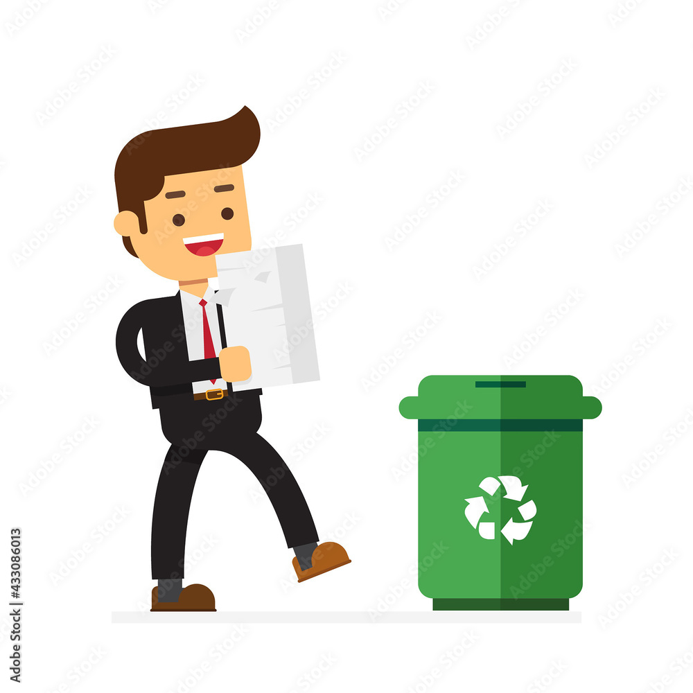Businessman throws paper documents into a trash can Businessman throws paper documents into a trash can
