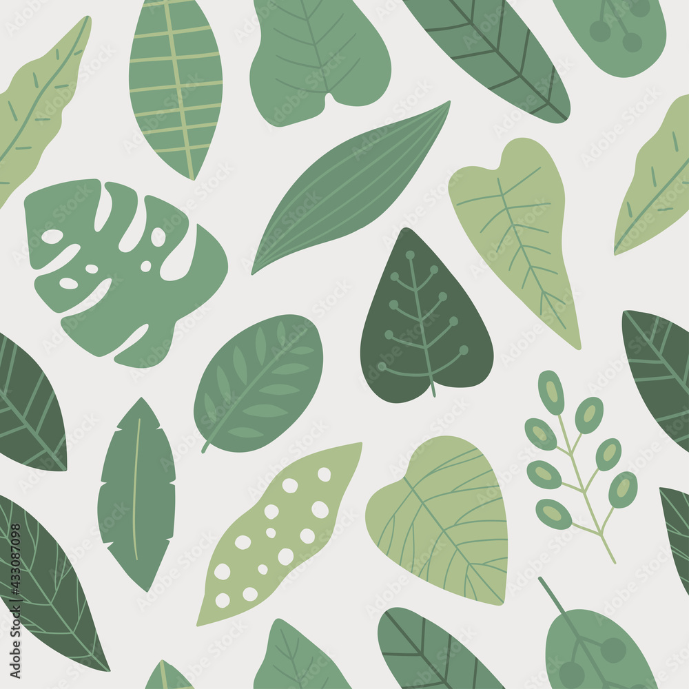 Seamless vector pattern with tropical leaves. Tropical, exotic plant drawing. Botanical wrapping paper, textile, background flat design.