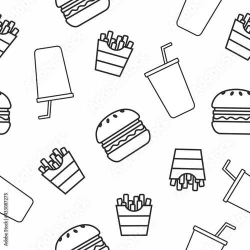 Burger, Fries and soda pattern. Vector seamless pattern or background with food