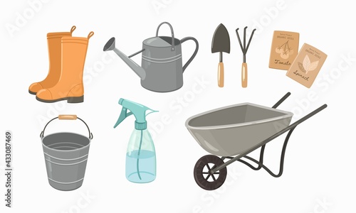 Gardening tools hand drawn vector illustration set. Garden equipment and accessories - rubber boots, wheelbarrow, watering can, spray bottle, metal bucket, trowel, cultivator, seeds packages