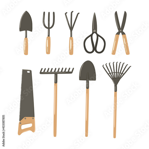 Gardening tools hand drawn vector illustration set. Garden equipment - shovel, rake, trowel, fork, cultivator, hand saw, scissors, shears