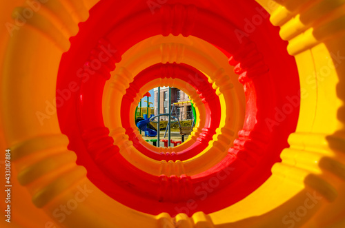 View from inside the pipe of the children's slide.
