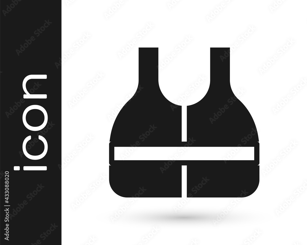 Black Life jacket icon isolated on white background. Life vest icon. Extreme sport. Sport equipment. Vector Black Life jacket icon isolated on white background. Life vest icon. Extreme sport. Sport equipment. Vector