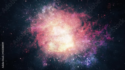 Space Travel through star fields in supernova bursts light. 4K 3D render loop heavenly stellar explosion supernova colorful nebula space dust clouds. Sci-Fi Fantasy Big bang animation of universe.  photo