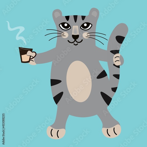A contented, well-groomed gray cat drinks coffee and wags its tail in pleasure. Funny cartoon character. The cat invites you for a cup of coffee. Vector. Design for print, clothing, calendar.