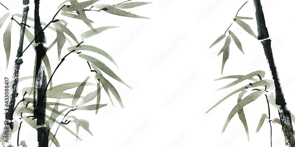 Watercolor bamboo with leaves - obrazy, fototapety, plakaty 