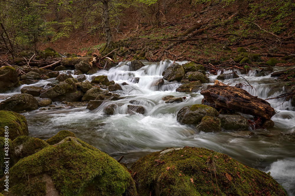 beautiful long exposure view of flowing water in the river with rocks at forest beautiful long exposure view of flowing water in the river with rocks at forest