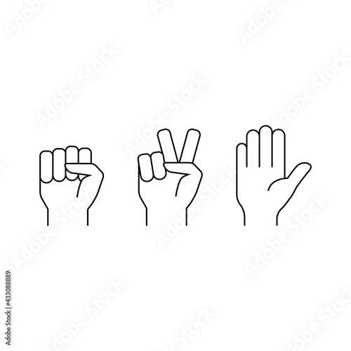 Rock, paper, scissors, vector illustration. Outline symbol collection.
