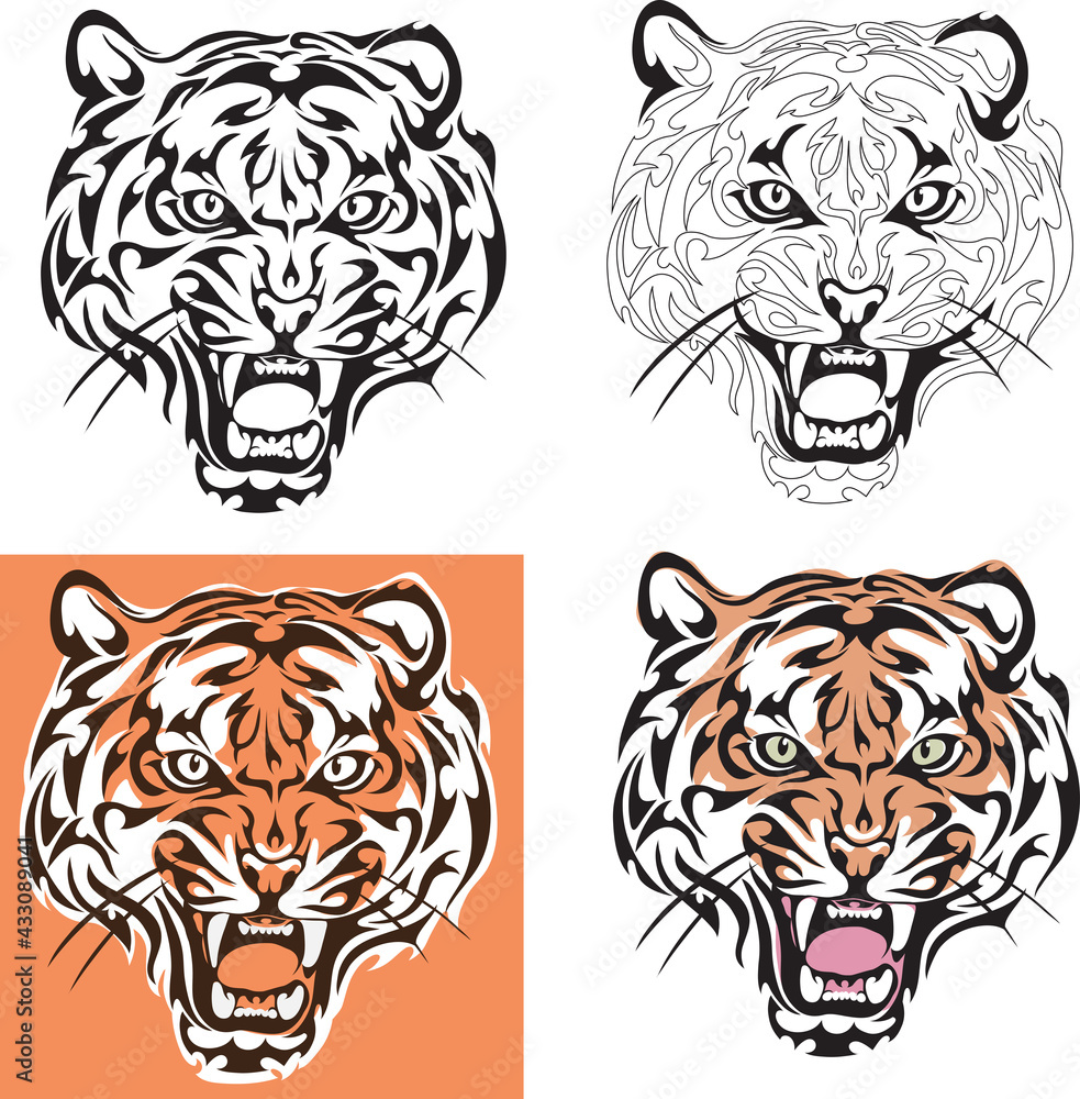 Portrait of a tiger in a linear image and in different colors, stylized Portrait of a tiger in a linear image and in different colors, stylized