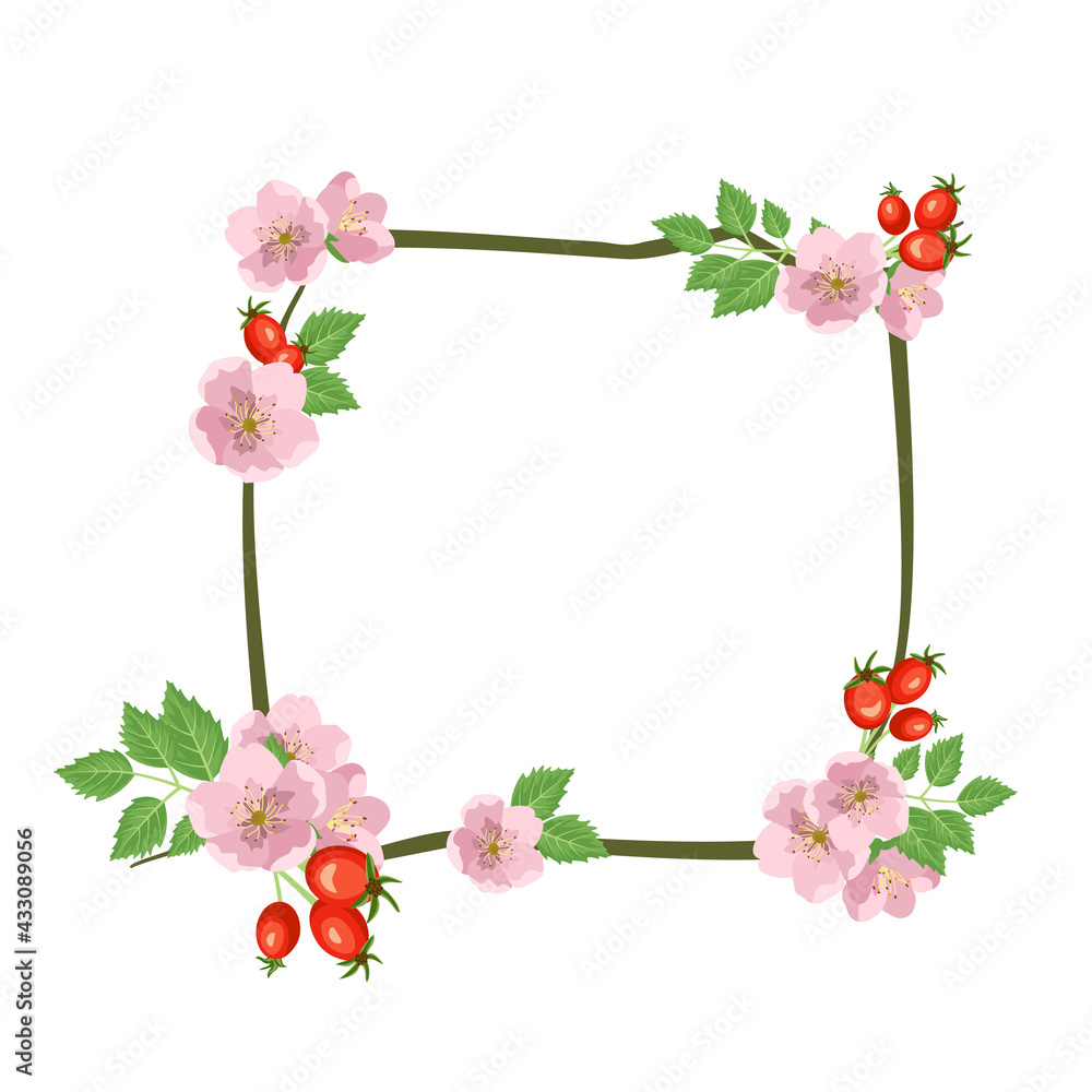 Rose hip wreath. Square frame, cute pink flowers rose red fruits and leaves. Festive decorations for wedding, holiday, postcard, poster and design Rose hip wreath. Square frame, cute pink flowers rose red fruits and leaves. Festive decorations for wedding, holiday, postcard, poster and design