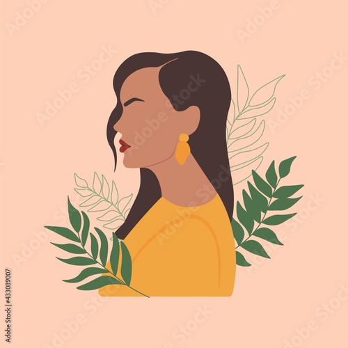 Abstract hand drawn woman portrait. Modern contemporary girl face mid century style.Vector illustration