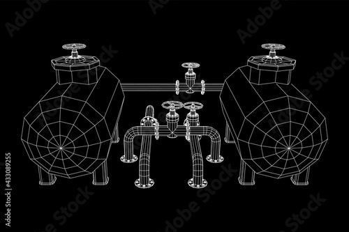 Oil tank storage of flammable materials and pipeline with valve. Finance economy polygonal petrol production. Petroleum fuel industry transportation line. Wireframe low poly mesh vector illustration.