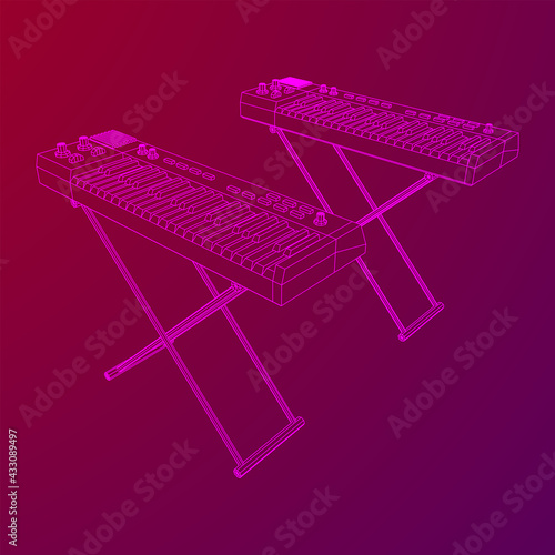 Piano roll analog synthesizer faders buttons knobs. Wireframe low poly mesh vector illustration.