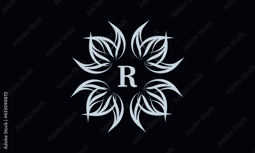 Vintage exquisite floral monogram with the letter R as a sign of business, boutique, shop, cafe, hotel, etc. Gray sign on a dark background