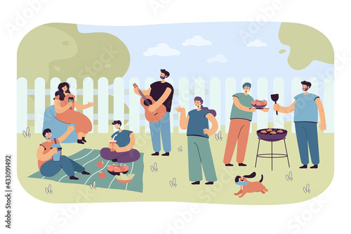 Cartoon people characters enjoying bbq party. Flat vector illustration. Family and friends having dinner in summer backyard, playing music, drinking cocktails. Grilling, nature, food, family concept