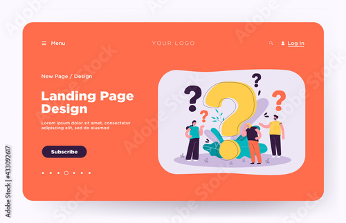 Pensive people asking frequently asked questions isolated flat vector illustration. Cartoon tiny characters standing near huge question mark. Help and communication concept
