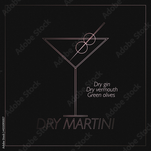 Dry martini recipe. Holographic logo of alcohol cocktail. Classic cocktail with olives in martini glass. Vector illustration isolated on black textured  background.