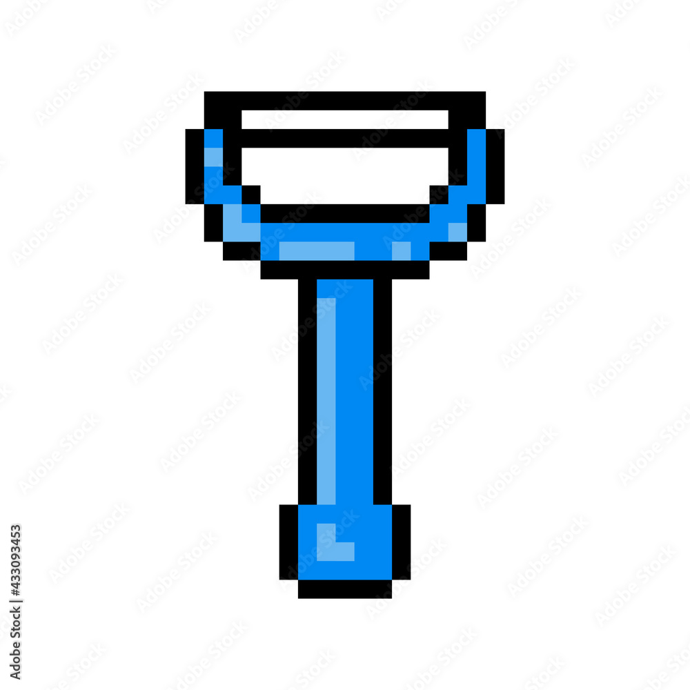 Blue fruit, vegetabel peeler, pixel art icon isolated on white background. 8 bit kitchen equipment. Food preparation utensil. Cooking device. Old school vintage retro 80s-90s game graphics. Blue fruit, vegetabel peeler, pixel art icon isolated on white background. 8 bit kitchen equipment. Food preparation utensil. Cooking device. Old school vintage retro 80s-90s game graphics.