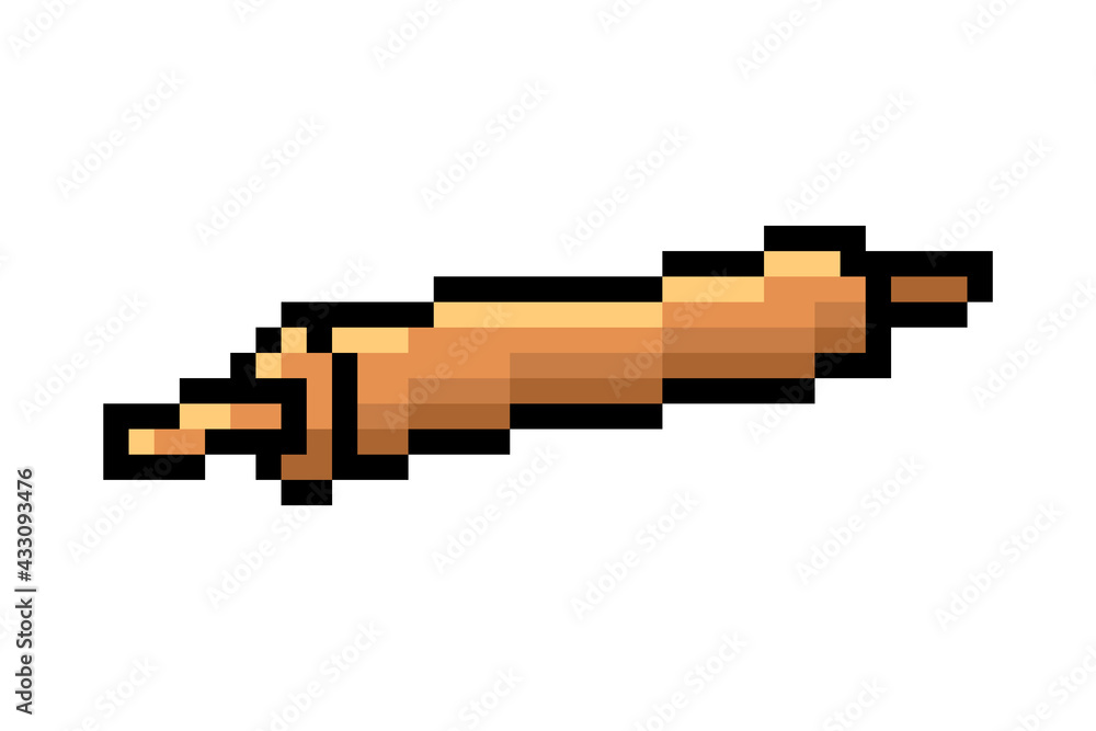 Wooden rolling pin, pixel art icon isolated on white background. 8 bit ...