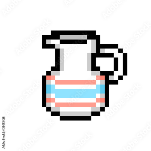 White striped milk jug, pixel art icon isolated on white background. 8 bit kitchen equipment. Water pitcher logo. Food preparation utensil. Lemonade jar.Old school vintage retro 80s-90s game graphics.