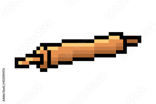 Wooden rolling pin, pixel art icon isolated on white background. 8 bit kitchen equipment. Bakery logo. Cooking tool for dough. Food preparation utensil. Old school vintage retro 80s-90s game graphics.