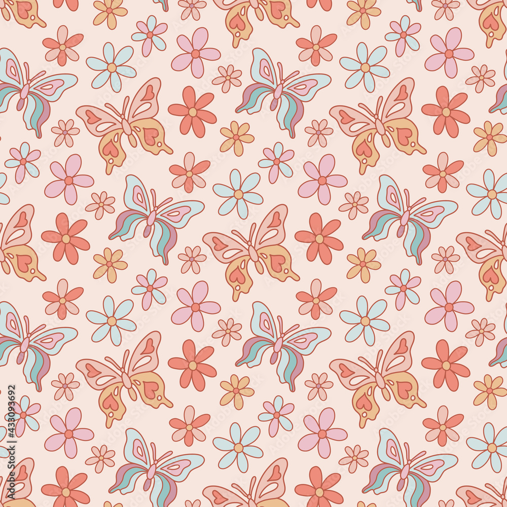 Retro seamless pattern with butterflies and flowers daisies, in a warm color palette. It can be used for packaging, wrapping paper, textile, home decor, for scrapbooking. Vintage style 60s 70s