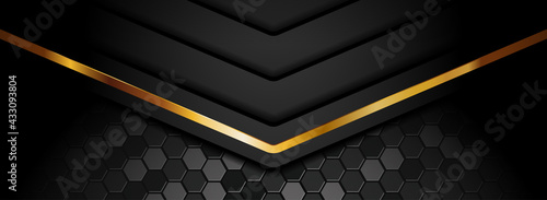 Abstract Black and Golden Lines Background Design Isolated on Dark Black Gradient Background. © Rtn_Studio