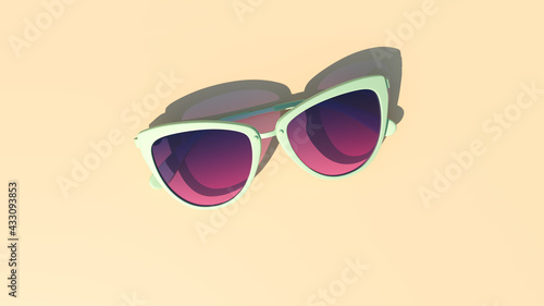 Pale Olive Green Sunglasses with Blue Pink Tinted Glass Vintage Sunny Summer Holiday Fashion with Warm Sandy Coloured Background 3d illustrator render